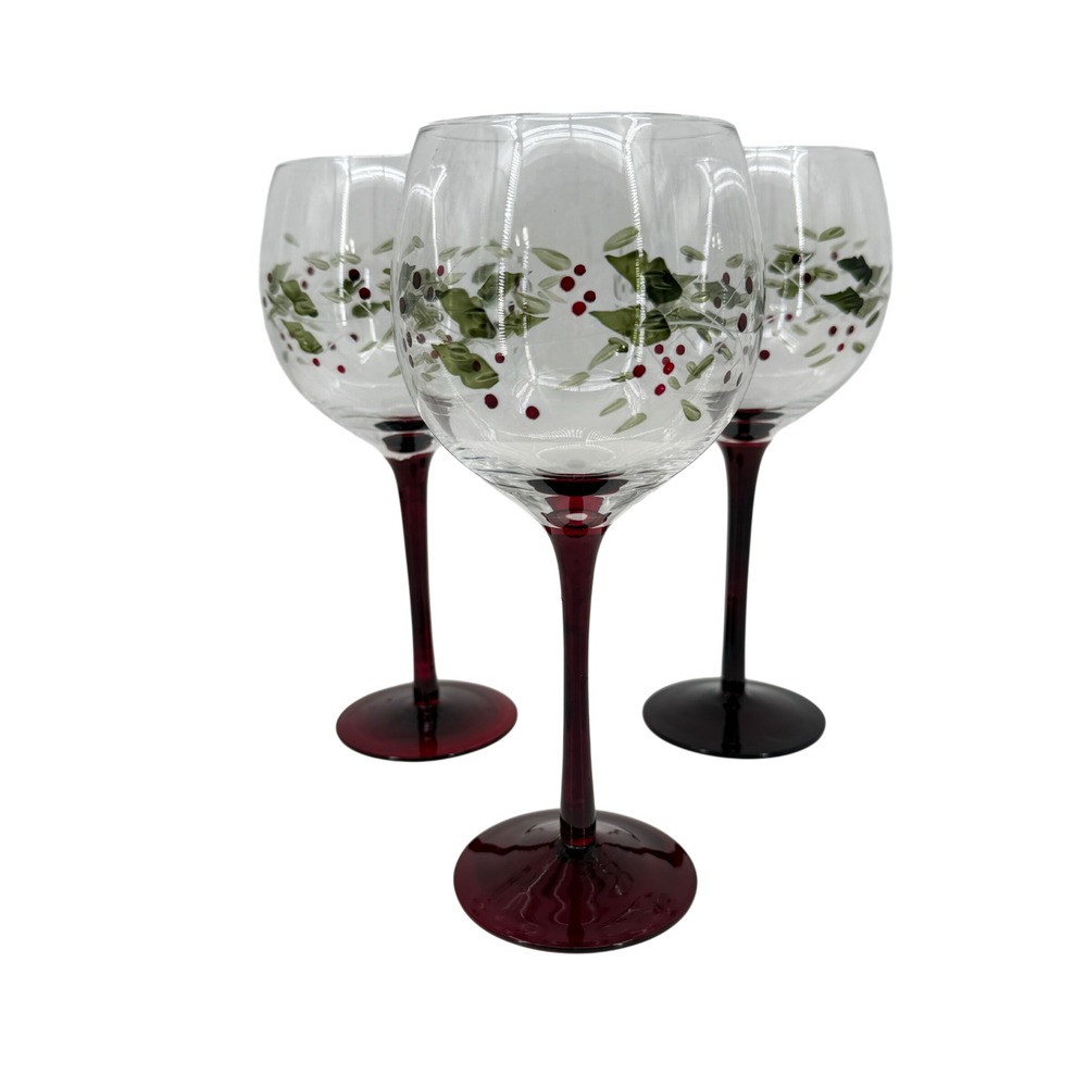 Pfaltzgraff Winterberry Wine Glass Set 3 Clear Red Holiday Holly Berry 8.5 Inch